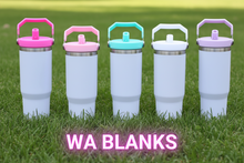 Load image into Gallery viewer, Five white tumblers with colorful lids on a wooden surface outdoors.