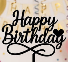 Load image into Gallery viewer, Black 'Happy Birthday' cake topper with decorative elements on a blurred birthday-themed background.