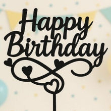 Load image into Gallery viewer, Black 'Happy Birthday' cake topper with heart designs on a light background with colorful balloons.