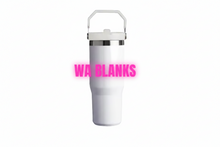 Load image into Gallery viewer, White insulated tumbler with a black lid on a white background