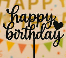 Load image into Gallery viewer, Black 'Happy Birthday' cake topper with heart on a colorful 'Happy Birthday' background
