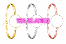 Load image into Gallery viewer, Three circular bangles in gold, silver, and rose gold on a white background

