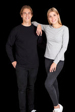 Load image into Gallery viewer, Two people wearing black and gray long-sleeve shirts with black pants on a white background
