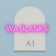 Load image into Gallery viewer, White arch-shaped card with 'A1' on a beige fabric background
